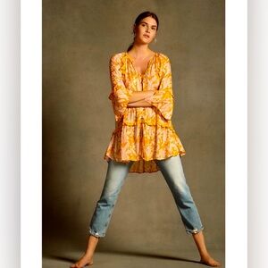 Anthropologie Orange Mia Ruffle Floral Tunic